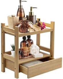 2-Tier Bamboo Countertop Shelf With Hidden Drawer - Makeup Organizer - Multi-Purpose Storage For Skincare, Toiletries, Desktop - Display Stand Shelf For Bathroom Vanity Counter, Kitchen, Office - 2 - Xem 1