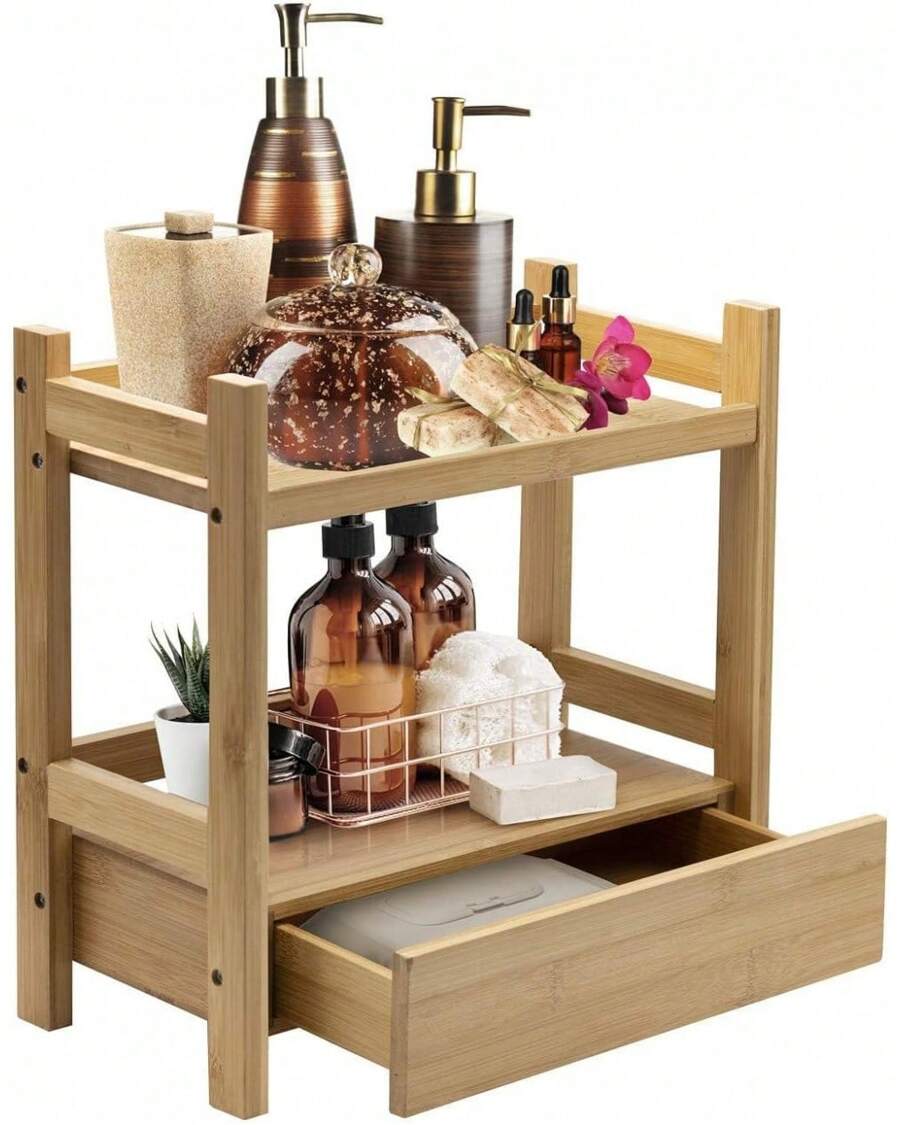 2-Tier Bamboo Countertop Shelf With Hidden Drawer - Makeup Organizer - Multi-Purpose Storage For Skincare, Toiletries, Desktop - Display Stand Shelf For Bathroom Vanity Counter, Kitchen, Office - 2 - Xem 1