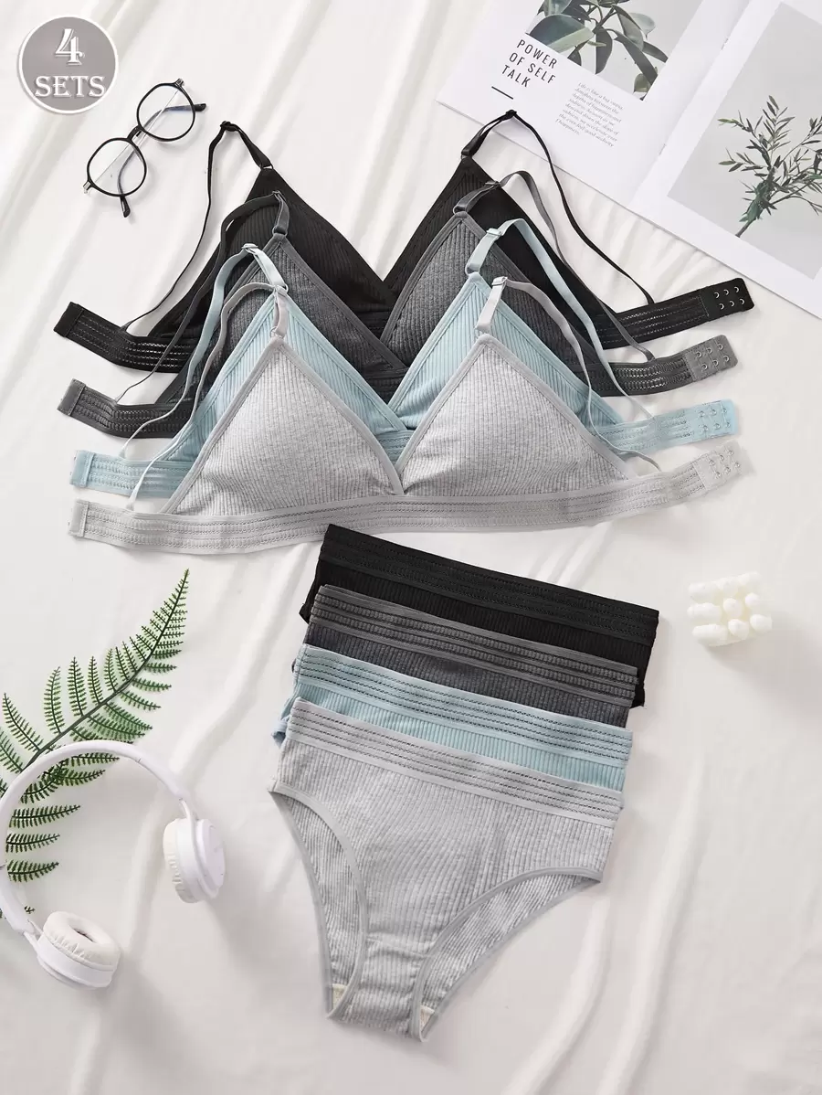 4SETS Solid Color Ribbed Simple Casual Wireless Breathable Sports Bra Panties Women's Underwear Set - Multicolor - View 1