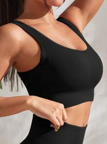 Women's Fitness Gym Set With Top And Wide-Waisted Shorts In Ribbed Knit - màu đen - Xem 2
