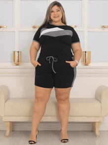 Shorts Set With Sleeves Plus Size Crepe Mesh Comfortable Casual Versatile - Grey - View 5