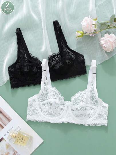 2PCS Elegant Lace Bra For Women Sexy Bra Women Push Up Bra Sheer Bra Solid Bow Sexy Lingerie For Women Underwear Underwire Unlined Bras