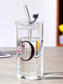 1pc A-Z Flower Letter Pattern Square Glass Cup, Simple And Heat-Resistant Flat Bottomed Cup For Office And Household Use, Milk Coffee Cup With Square Mouth, Bridesmaid Gift, Birthday Gift
