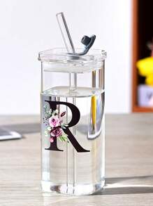 1pc A-Z Flower Letter Pattern Square Glass Cup, Simple And Heat-Resistant Flat Bottomed Cup For Office And Household Use, Milk Coffee Cup With Square Mouth, Bridesmaid Gift, Birthday Gift