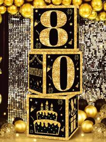 3 件 10.6 英寸黑金 80 岁生日快乐气球填充盒，80 岁生日派对礼品盒，用于庆祝四十岁生日照片道具背景装饰