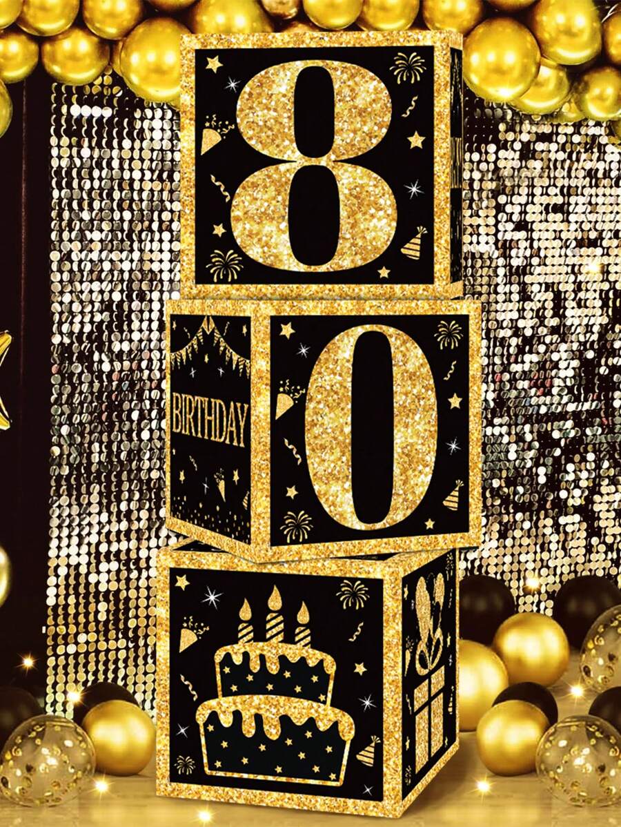 3 件 10.6 英寸黑金 80 岁生日快乐气球填充盒，80 岁生日派对礼品盒，用于庆祝四十岁生日照片道具背景装饰