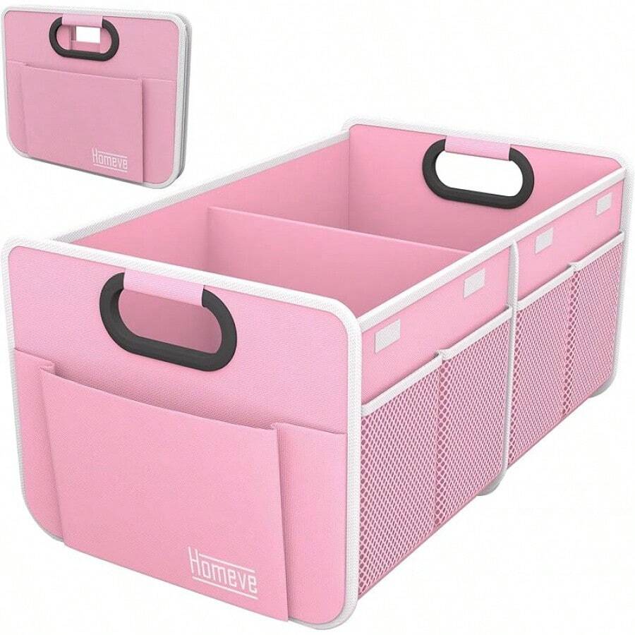Homeve Car Trunk Organizer, Car Storage, Reinforced Handles, Collapsible Multi-Compartment Car Organizers, Foldable And Waterproof, 600D Oxford Polyester, Suitable Any Car, SUV,-Van, Black2025 - 粉色 - 查看 1