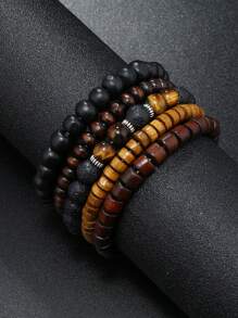 5pcs/Set Vintage Casual Men Beaded PU Leather Bracelet Set, Accessory For Everyday Wear, Sports, Gift For Boyfriend - 5-piece Set-5893201 - View 3