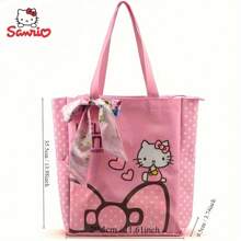 Sanrio حقيبة كانفاس واسعة السعة مع بطانة نايلون، بتصميم نقطي، بطبعات كرتونية أنمي جذابة، بسحاب إغلاق، سهلة العناية، حقيبة كتف عصرية