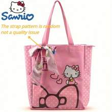 Sanrio حقيبة كانفاس واسعة السعة مع بطانة نايلون، بتصميم نقطي، بطبعات كرتونية أنمي جذابة، بسحاب إغلاق، سهلة العناية، حقيبة كتف عصرية