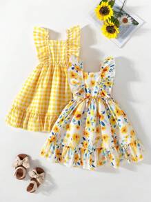 2 piezas Vestido casual de moda juvenil con volantes, tirantes y estampado floral de malla, para uso diario/al aire libre en verano - Multicolor - Ver 1