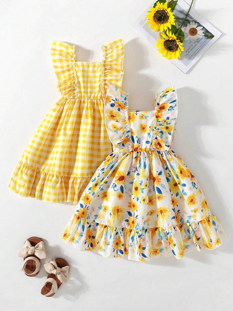 2 piezas Vestido casual de moda juvenil con volantes, tirantes y estampado floral de malla, para uso diario/al aire libre en verano - Multicolor - Ver 1