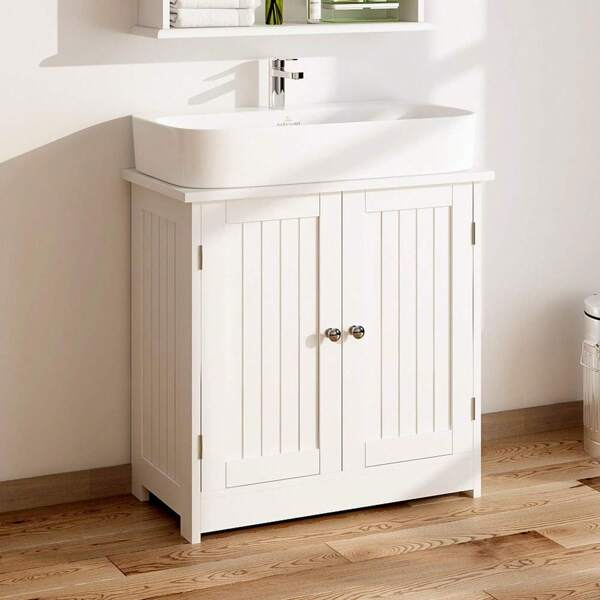 Under Sink Bathroom Storage Cabinet, Floor Basin Unit With Shelves, Wooden Basin Cupboard Unit Freestanding Storage Organizer Furniture, White