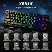 ATTACK SHARK X68 HE 60% Wired Gaming Keyboard Rapid Trigger,Actuation Point Adjustable,Magnetic Switch 8K Polling Rate,PBT Keycaps For Win,RGB Mechanical Keyboard With Coiled Cable - 黑色pro - 查看 1