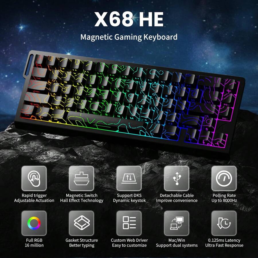 ATTACK SHARK X68 HE 60 Wired Gaming Keyboard Rapid Trigger,Actuation