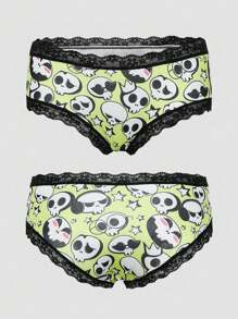 Morvia 8pcs Women Sexy Cute Gothic Contrast Lace Trims Hipster Panties, Halloween Black & Green & Pink Skulls & Eyeballs & Bats & Ghosts & Spiders Allover Print Comfy Silky Intimates Briefs Panties, Women's Underwear & Lingerie - Multicolor - View 3