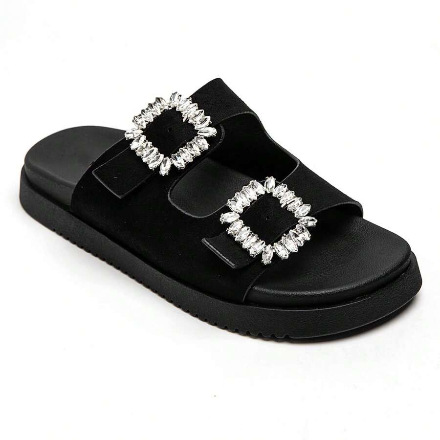 Flat Sandals With Rhinestone Buckles And Comfort Sole - Black - View 1