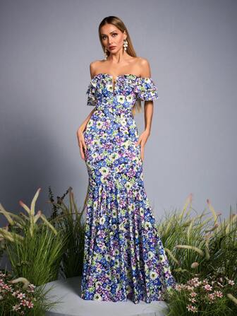 Mgiacy-花卉新款露肩浪漫伴娘礼服印花荷叶边雪纺长裙