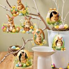9/18Pcs Vintage Wooden Easter Bunny And Egg Ornaments Set, Animal Themed Easter Hanging Decorations, Spring Party Home Tree Decor, No Electricity Required