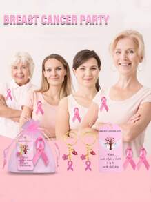 6pcs/12pcs Breast Cancer Promotional Accessories, Breast Cancer Women's Inspirational Gifts, Women's Pink Breast Cancer Promotional Decorations, Red Ribbon Brooches,Including Transparent Gauze Bag And Greeting Card, Women's Love Friendship Party Encouragement Gift,Car Keychains