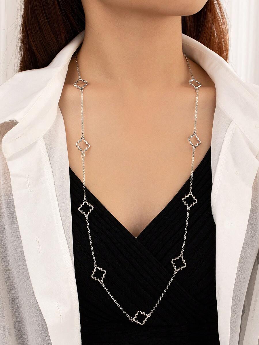 1 pieza Collar largo de mujer con diseño de pétalos esmaltado, cadena versátil para suéter - Plateado - Ver 1