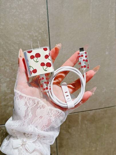 Cute Red Cherry Pattern Charger Protective Case Compatible With Apple 18/20W Fast Charger And Data Cable, Japanese And Korean Style Cute Gift For Girlfriend Girlfriend And Yourself Cable Protector, Charger Protector
