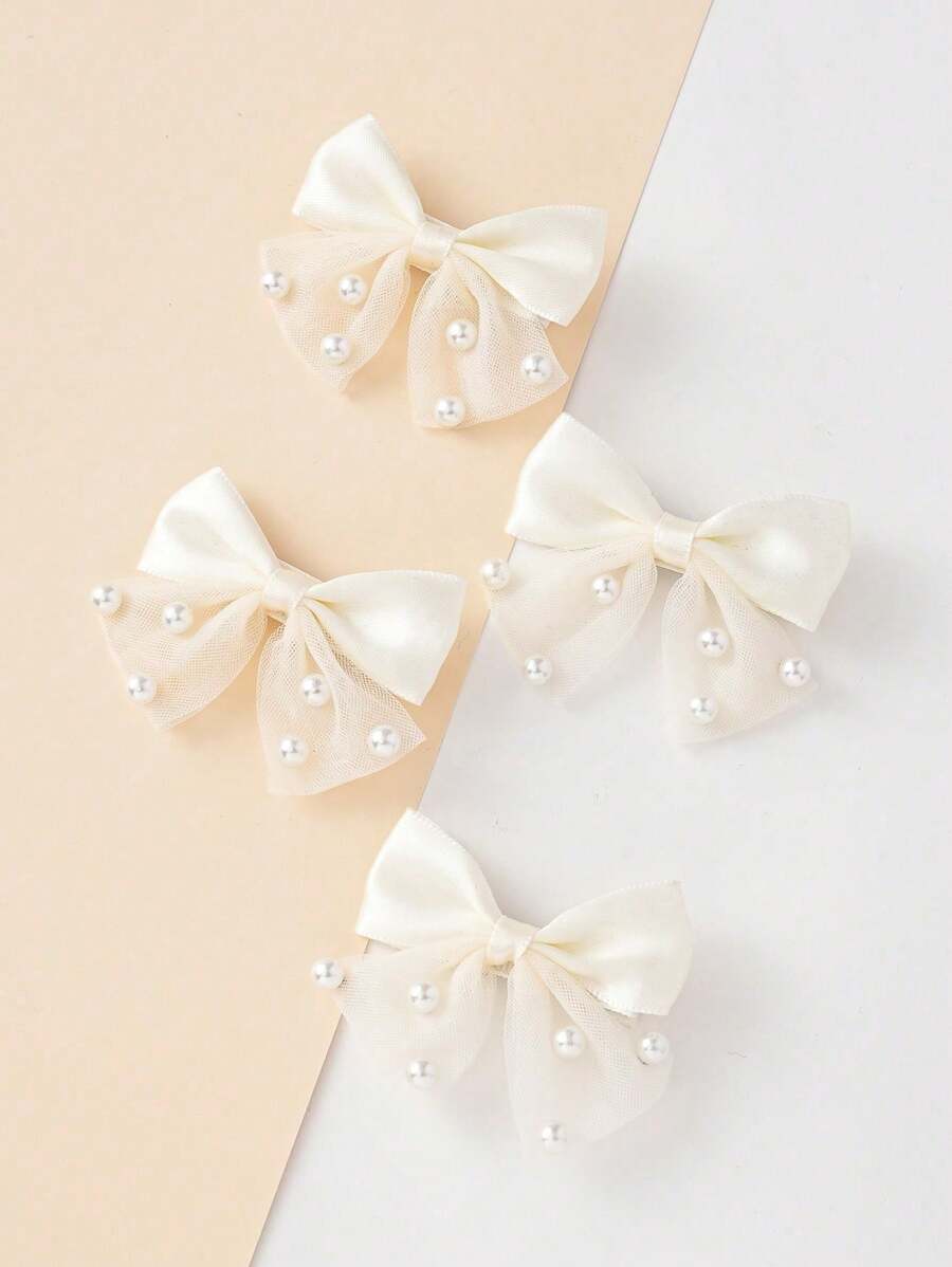 2pcs Pearl Bow Hair Clips For Teen, Cute/Playful Bow Hair Accessories, Fashionable High-End Hair Ornaments - Beige - View 1