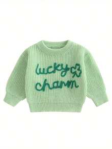 Suéter de punto con cuello redondo y manga larga con bordado de letras de trébol para bebé pequeño - Verde - Ver 1