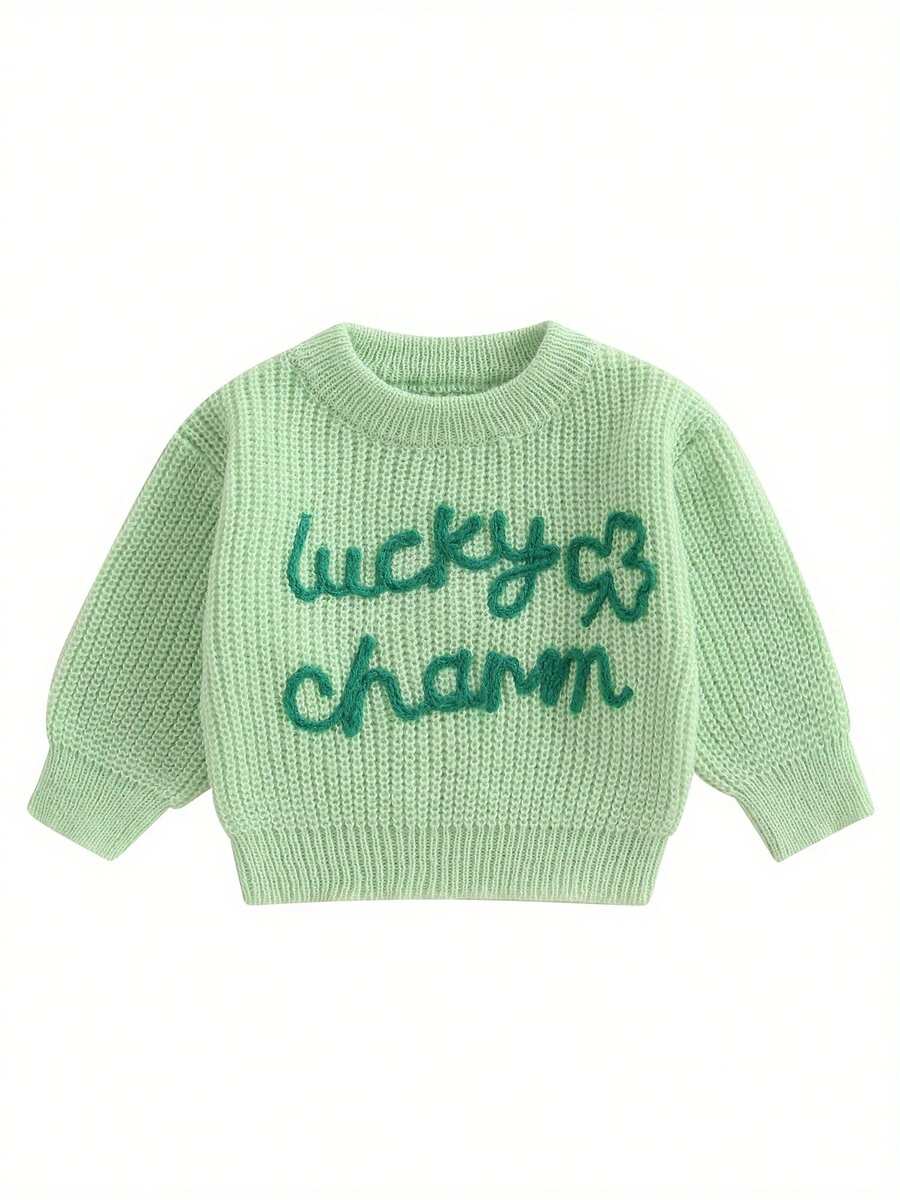 Suéter de punto con cuello redondo y manga larga con bordado de letras de trébol para bebé pequeño - Verde - Ver 1