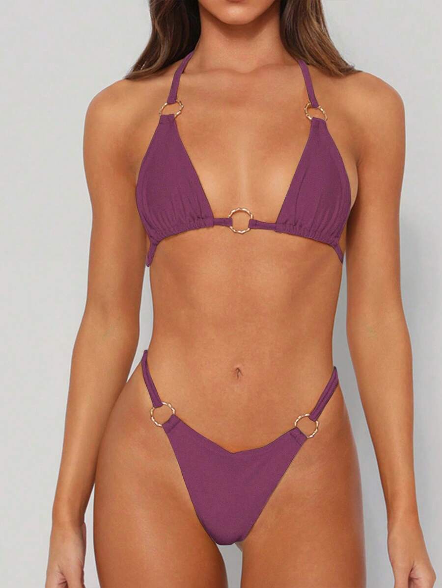 Fashionable & Sexy Lace-Up Bikini Set - Red Bean Paste - View 1