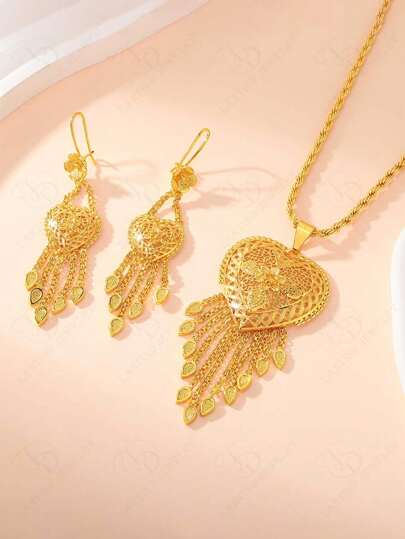 24K Gold Plated Women's Necklace Dubai Wedding Hollow Floral Pendant, Tassel Earrings Middle East Bead Jewelry Set