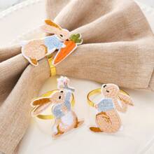 Set de 3/6 anillos para servilletas de Pascua bordados con conejitos, soportes para servilletas con bordado de conejitos a mano para decoración de mesa de Pascua - Multicolor - Ver 8