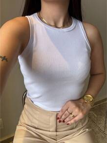Women's Basic Ribbed Tank Top Without Transparency Trending Colors - Blanco - Ver 1