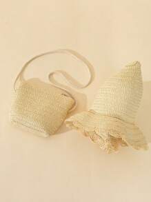 2pcs/Set White Summer Wave Beach Sun Hat & Straw Crossbody Wallet Set, Sweet Style For Daily, Holiday, And Travel