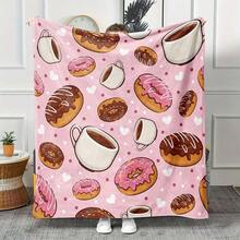 1pc Cozy Cartoon Donut And Coffee Print Fleece Blanket - Super Soft Lightweight And Warm Throw With Pink Background And Playful Donut And Cupcake Design - Perfect For Couch Bed Travel Camping And Home Decor - Ideal For Snuggling Up On Chilly Days And Nights Wearable Blanket