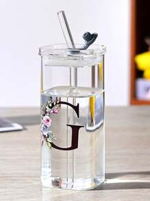 1pc A-Z Flower Letter Pattern Square Glass Cup, Simple And Heat-Resistant Flat Bottomed Cup For Office And Household Use, Milk Coffee Cup With Square Mouth, Bridesmaid Gift, Birthday Gift