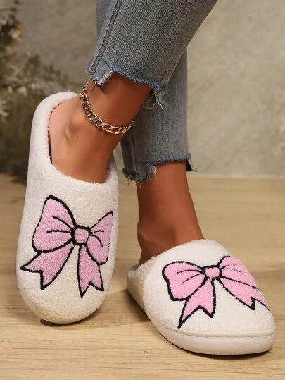 Pink Bow Pattern Home Slippers, Indoor And Outdoor Warm Soft And Comfortable Slippers, Men And Women Couples With The Same Slippers