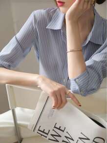 YUXIN Áo kiểu dài tay dáng rộng kẻ sọc xanh thời trang mới dành cho nữ, thiết kế thanh lịch phù hợp đi làm, tôn dáng và đa năng cho mùa xuân thường ngày. - Màu xanh lam - Xem 7