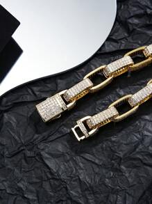 1 件锆石全镶 18K 镀金/铂金男女通用奢华嘻哈手链，适合日常佩戴，派对礼物