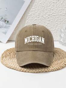 1pc Unisex Casual "Michigan The Great Lakes State" Washed Letter Printed Adjustable Baseball Cap, Outdoor Sports Fashion Streetwear Head Accessory, All Season