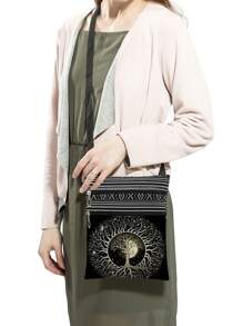 Mysterious Magic Tree Of Life Pattern Crossbody Bag, Unisex Reusable Shoulder Messenger Bag, Fashion Aesthetic Satchel Bag With Abstract Sun Moon Tree Graphic Print, Portable Messenger Bag, Party Gift, Life Tree Lover Gift - Black and White - View 4