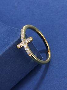 rundraw 1pc Elegant Commitment Ring, Fashionable Silver/Gold Color Cross Design Inlaid With Sparkling Cubic Zirconia Engagement/Wedding Ring, Luxury Shiny Bridal Jewelry - Gold - View 3