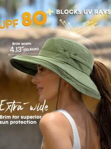 1 pièce Chapeau de soleil pour femmes, chapeau de jardin à large bord avec trou pour queue de cheval, protection solaire pour la plage, matériau respirant, chapeau d'été avec bord relevable