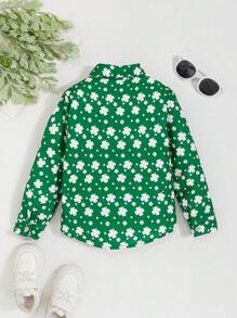 年轻男孩绿色四叶草印花翻领开衫、节日派对正式上衣、春夏 - 綠色 - 查看 2