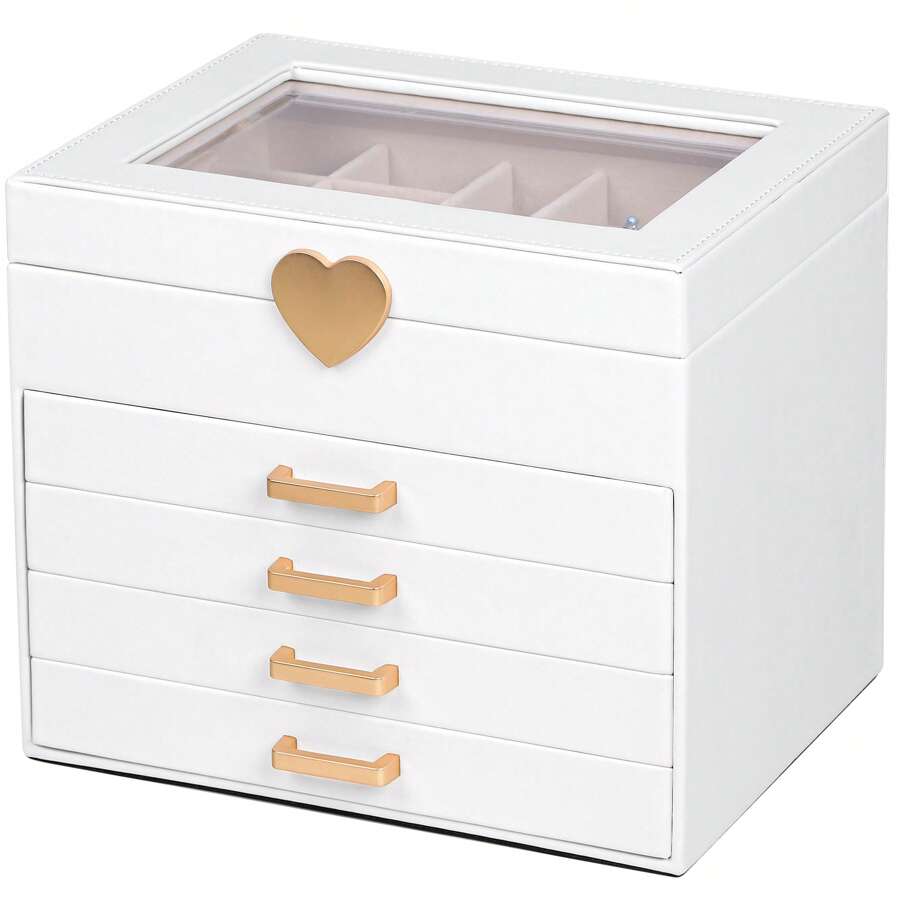 Hộp đựng trang sức, Hộp đựng trang sức 5 lớp có nắp thủy tinh, Đồng thau vàng và trắng, Da PU hình trái tim, Hộp đựng vòng cổ, Hoa tai, Nhẫn, Vòng tay, Ý tưởng quà tặng cho bé gái khi trở lại ký túc xá - Màu Hồng baby - Xem 1