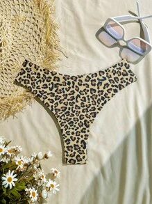 女士豹纹随机印花性感丁字裤泳裤，夏季海滩度假