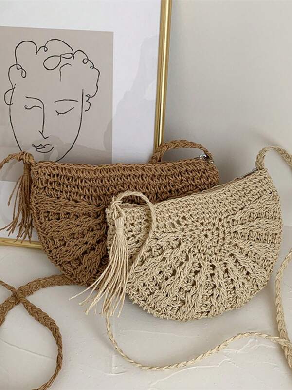 Fashion Woven Crossbody Bags Straw Handmade Shoulder Bags Summer Casual Vacation Beach Small Messenger Bags Handbags Straw Purse Wallet Purse Wallet Phone Bag