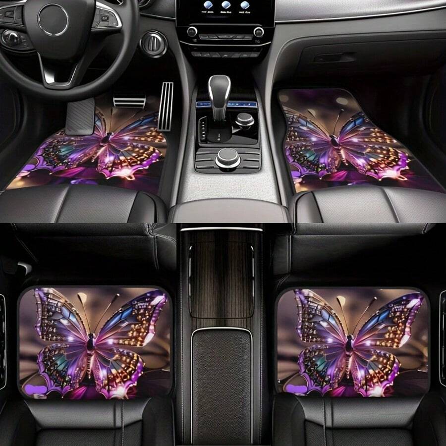 4pcs/Set Butterfly Print Car Floor Mats, , Anti-Slip, Washable, Polyester, Fit For Front And Rear Vehicles, Suitable For Various Car Models
