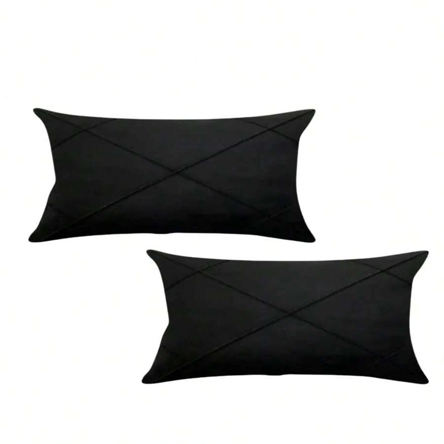 Kit 2 Capas De Almofada Retangular Baguete Suede Drapeada 30x45cm - Preto - Visão 1