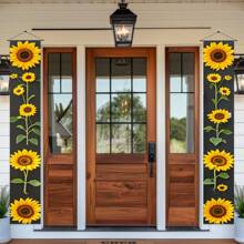 1 para (11,8*70,8 cala/30*180 cm) dwustronna dekoracja drzwi z motywem kwiatowym wiosennym ze wzorem słonecznika, materiał poliestrowy, wisząca ozdoba na werandę Happiness Spring, dekoracja ścienna do wewnątrz/na zewnątrz, lambrekin na drzwi imprezowe, wiszący baner w stylu wiejskim i podwórkowym, wiosenna dekoracja pokoju - nie wymaga zasilania, idealna na przyjęcie świąteczne w domu i na zewnątrz